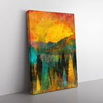 Big Box Art Sun Setting Behind an Autumn Forest Painting Canvas Wall Art Print Ready to Hang Picture, 76 x 50 cm (30 x 20 Inch), Cream, Gold, Orange