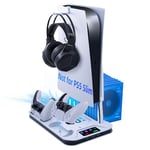 Mcbazel PS5 Support de Ventilateur de Refroidissement Réglable avec Support Casque,Indicateur LED Station de Charge à Deux Manette avec Stockage de Disque pour Playstation 5(Pas pour 2023 PS5 Slim)