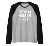 Stop AI Human First Raglan Baseball Tee