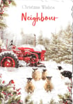 CHRISTMAS CARD TO A NEIGHBOUR - RED TRACTOR, DOG, SNOW, SHEEP, TREES, ROBIN