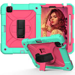 Coque Compatible avec iPad Air 5/4ème génération 2022/2020 10,9", Coque résistante aux Chocs avec Porte-Stylo, bandoulière rotative à 360° (Vert Menthe+Rose)