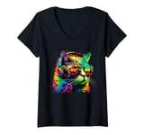 Womens Rainbow DJ Cat with Sunglasses Headphones Music Funny Kitty V-Neck T-Shirt