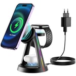 PKBD Mag-Safe Chargeur Induction 3 en 1, Station de Charge avec lumière pour iPhone 16/15/14/13/12 Pro/Max/Plus/Mini, Apple Watch, AirPods 4/3/2 Pro, Chargeur sans Fil avec Adaptateur 18W, Noir