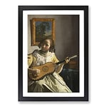 Big Box Art Girl Playing Instrument by Johannes Vermeer Framed Wall Art Picture Print Ready to Hang, Black A2 (62 x 45 cm)