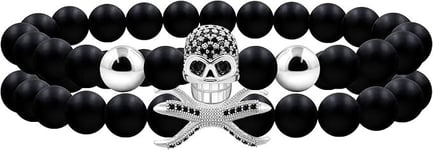 2 kpl Gothic Punk Black Skull Rannekorut miehille Naiset, Käsintehty musta Akaatti Stone Stretch Skull Layer Rannekorut naisille Tytöt Korut Rannekoru kehaoan