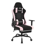 WOLTU Chaise Gaming Massante, Fauteuil Gaming, avec Coussin Lombaire Massant, Siège Large à Ressorts, Chaise Ergonomique avec Appui-tête, Repose-Pieds, Charge 150kg, Tissu Maille, Noir+Rose, GS14swr