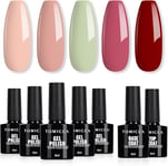 TOMICCA Vernis Semi Permanent, 5 Couleurs Vernis à Ongles Avec Base Coat &Top Coat No Wipe, Rose Nude Vert Clair Rouge Gel UV Semi Permanent Soak Off Nail Art Kit De Démarrage Cadeau, 7 x 8ml