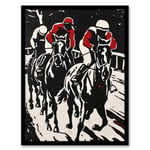 Artery8 Jockeys in Horse Racing Scene Black Red Modernist Man Cave Fathers Day Artwork Framed Wall Art Print A4