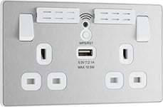 BG Electrical Double Switched Power Wall Plug Socket with Type A USB Charging Port and Wi-Fi Extender, Evolve, Brushed Steel, 13A, PCDBS22UWRW