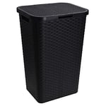 60L Large Plastic Rattan Style Laundry Clothes Storage Washing Bin Basket Hamper (Black)