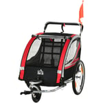 Homcom - Remorque vélo jogger 2 en 1 pour enfant drapeau roue avant pivotante réflecteurs et barre d'attelage inclus rouge noir