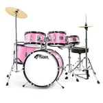 Childrens Drum Kit 5-Piece Set for Kids with Snare, Toms, 16" Bass Drum, Bass Drum Pedal, Hi-Hat and Crash Cymbals, Throne and Sticks - Pink - TIGER JDS14-PK