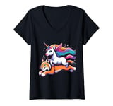 Womens Unicorn Riding Lynx Boys Girls Men Women Kids Rainbow V-Neck T-Shirt