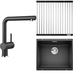 BLANCO 516688 Linus-S Kitchen Mixer Tap in Silgranit Look with Pull-Out Spout+ SUBLINE 500-U 523432 Kitchen Sink+ 238483 Folding Grid as a Drainer for The Kitchen Sink