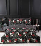 Rapport Home Black Duvet Cover Set with Skulls & Roses, Halloween Themed Double