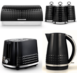 Tower Solitaire Kettle 2 Slice Toaster Bread Bin & Canisters Set Black & Chrome