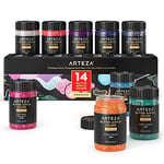 ARTEZA Peinture acrylique pailletée, 14 couleurs, flacons de 60 ml, base transparente, peinture acrylique irisée avec paillettes, pour toile, papier et bois