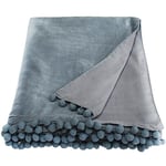 Ragged Rose 140 cm x 180 cm Throw Blanket - Pom Pom Throw Made of Cotton Velvet with Pompom Trims on Sides - Versatile Cotton Velvet Blanket for Sofa & Bed