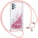 Vauki Coque pour Samsung Galaxy A23 4G avec Cordon, Paillette Liquide Transparent Crystal Glitter Housse, Protection Antichoc Silicone Souple TPU Bumper Case,Réglable Collier pour Samsung A23 4G, Rose