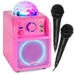 FYNDHÖRNAN: Vonyx SBS55P BT Karaokemaskin med 2st mikrofoner och LED ljus - Rosa färg, Karaoke med 2 mikrofoner, Bluetooth och ljuseffekt - Rosa