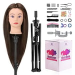 Neverland Tete a Coiffer Professionnelle Vrai 60% Cheveux avec Trépied, 71cm Tête à Coiffer Mannequin Cosmétologie pour Pratique de la Coiffure avec Pince de Table, Ensemble de Coiffure(Marron)