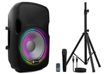 Wiibo Festa 15BT - Enceinte Active Professionnelle 15" - Puissance 600W - Haut-Parleur avec Bluetooth - Connexion USB/SD - Support Réglable - Kit câble + Microphone - Télécommande - Illumination LED