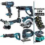 Makita - Pack 6 machines 18V 5Ah (Perceuse DDF482 + Meuleuse DGA504 + Perfo DHR202 + DJR186 + DJV180 + DSS610 + 4 batt + sac)