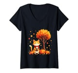 Womens Cute Cat Holding Iced Coffee Under Fall Tree Autumn Season V-Neck T-Shirt