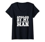 Womens Groovy Spoiled By My Blue Collar Man Funny Blue Collar wife V-Neck T-Shirt