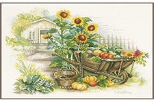 LANARTE Point De Croix Compté Kit Tableau Complet Set BROUETTE ET TOURNESOLS De Broderie Loisir Créatif Maison Decoration Cadeau DIY ca. 43 x 37 cm Counted Cross Stitch Embroidery, Cotton, Multicolore