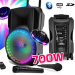 Enceinte sono DJ PARTY KARAOKE 700W portable Batterie 2 MICROS Disco Mobile 12 LED RGB USB/MICRO SD/Bluetooth / RADIO FM + OVNI