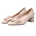 SHESHOU Talon Épais À Tête Carrée Chaussures en Peau De Vache Shallow Bouche Mi Talon Carré Boucle Chaussures Femme (Color : Beige, Size : 38)