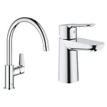 GROHE BauEdge Kitchen Tap, Tool Less Fitting, Chrome Mixer Tap 31367001&23330000 | BauEdge Basin Mixer Tap