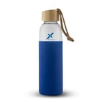H20 Sport Xinfusion X-Infusion - Bouteille d'eau de 500 ml en verre avec capuchon en bois et coque bleue, bouteille réutilisable, élégante et pratique pour la maison, le bureau, la salle de sport,