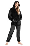 CityComfort Pyjama Femme Hiver Polaire, Ensemble Pyjama Chaud à Capuche pour Femme Ado, Idée Cadeau pour Elle (Noir, XL)