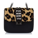 FIRENZE ARTEGIANI. Woman Geunuine Leather Handbag. Wirstlet Handbag Shoulder Soft Leather Handbag Animal Print Pony Hair Flap.Made in Italy. Genuine Italian LEATHER18x16x7 cm. Color: Black/Leopard