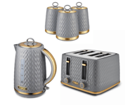 Tower Empire Grey Jug Kettle 4 Slice Toaster & Tea Coffee Sugar Canisters Set