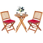 Costway 3pcs Salon De Jardin Pliable En Bois D'acacia - 1 Table, 2 Chaises, 2 Coussins Rouge Amovibles - Salon, Terrasse, Bistrot