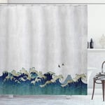 Linghhang - Vague Japonaise Rideau de Douche, tourbillons Aquatiques, Tissu Ensemble de Décor de Salle de Bain avec Crochets, 180 cm x 180 cm, Crème