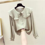 Women'S Shirt Fashion Peter Pan Collar Slim Shirt Long Sleeve Casual Style Cotton Blouse Female Tops-Green_M