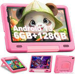 Tablette Enfants Android 13,6 Go Ram+128 Go Rom,Tf 1 Tb,Ecran Ips 1080P,Tablette Pour Enfant Avec Application Educative,Contrôle Parental,Double Camera,Wifi,Bluetooth,Kid-Proof Etui,Rose