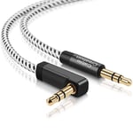 CableCreation Câble AUX 3,5 mm Câble audio jack à angle droit à 90 degrés pour haut-parleur de voiture JBL Casque Xiaomi Redmi PC Tablettes, Noir et blanc - 3 m