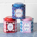 Set of 3 Tea Coffee Sugar Tins 0.8L Kitchen Storage Canisters Blue Red Pink Pots