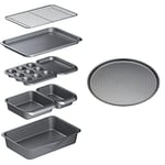 MasterClass Smart Space Stacking Non-Stick Bakeware Set, 7 Piece Baking Trays, Gift Boxed & KCMCCB14 Crusty Bake Perforated Pizza Tray with PFOA Non Stick, Robust 1 mm Carbon Steel, 32 cm, Grey