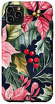 Coque pour iPhone 11 Pro Max Poinsettias rouge vif avec houx et feuilles vert foncé