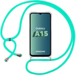 Crossbody-fodral för Samsung Galaxy A15 4G-5G, repskydd förstärkta hörn + turkos axelrem Klar, turkos