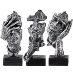 MOLIGOU Lot de 3 Statues de penseur « See Hear Speak No Evil » - Sculpture d'art Abstrait pour Bureau, Bureau, bibliothèque (Argent)