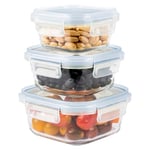 Home Fleek Square Airtight Glass Food Containers with Lids - Stackable Food Storage Containers, Space Saving, Airtight, Microwave, Oven and Freezer Safe Meal Prep Containers (Set of 3, Blue)