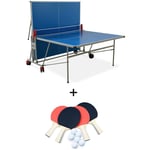 Table de ping pong outdoor bleue - table pliable avec 4 raquettes et 6 balles. pour utilisation extérieure. sport tennis de table