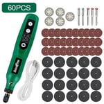 Mini perceuse sans fil aste USB,stylo de gravure sans fil aste avec LED,outil distant Dremel,perceuse électrique,accessoires de meulage - Type Green-60PCS